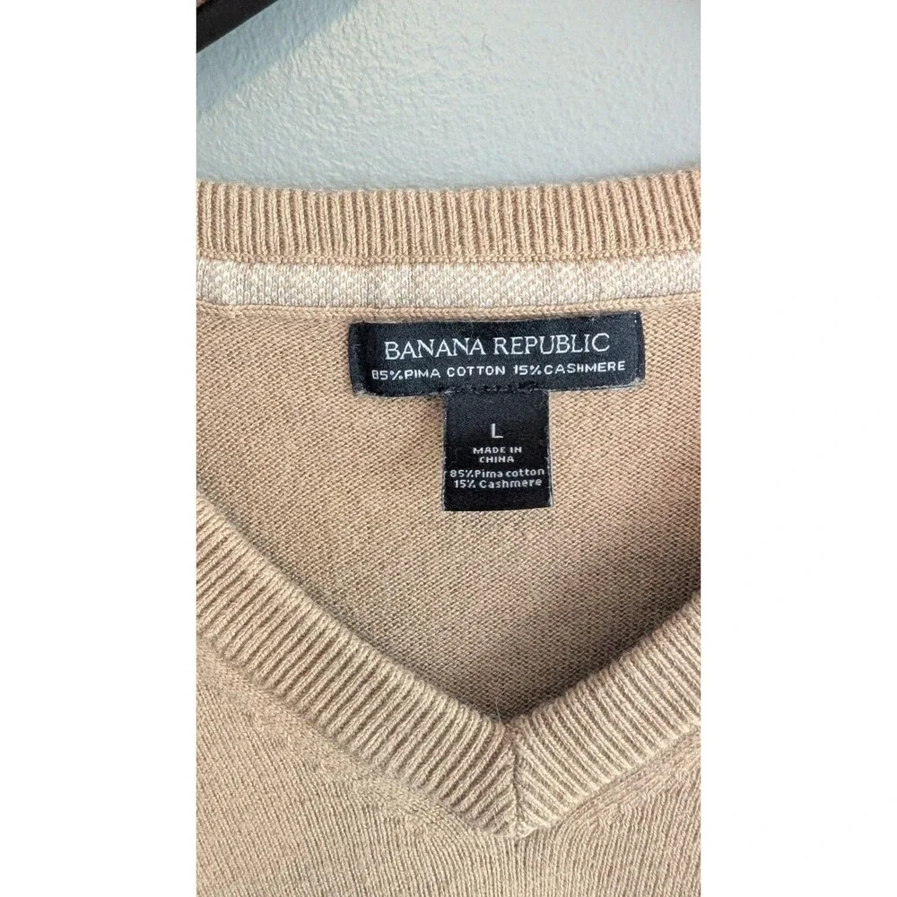 Banana Republic Mens Large Silk Cotton Cashmere V-Neck Sweater Tan Camel Brown L
